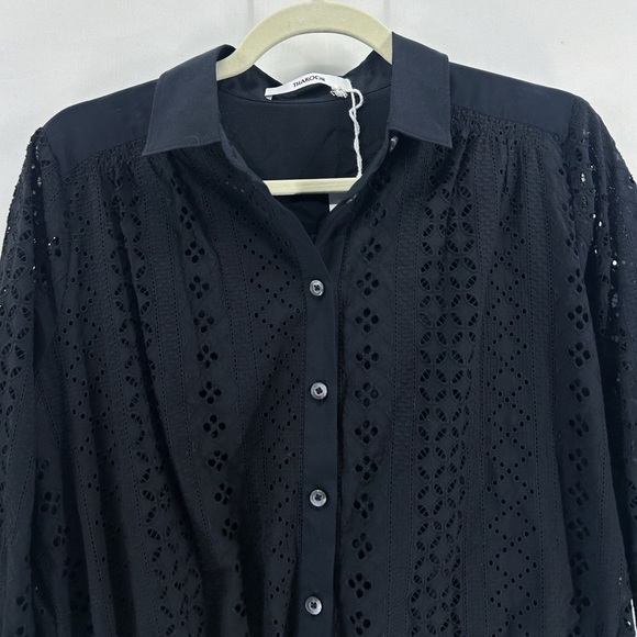 Thakoon Black Eyelet Button Up Mini Shirt Dress Ruched Sides Silk Size 0 NWT - Picture 2 of 7